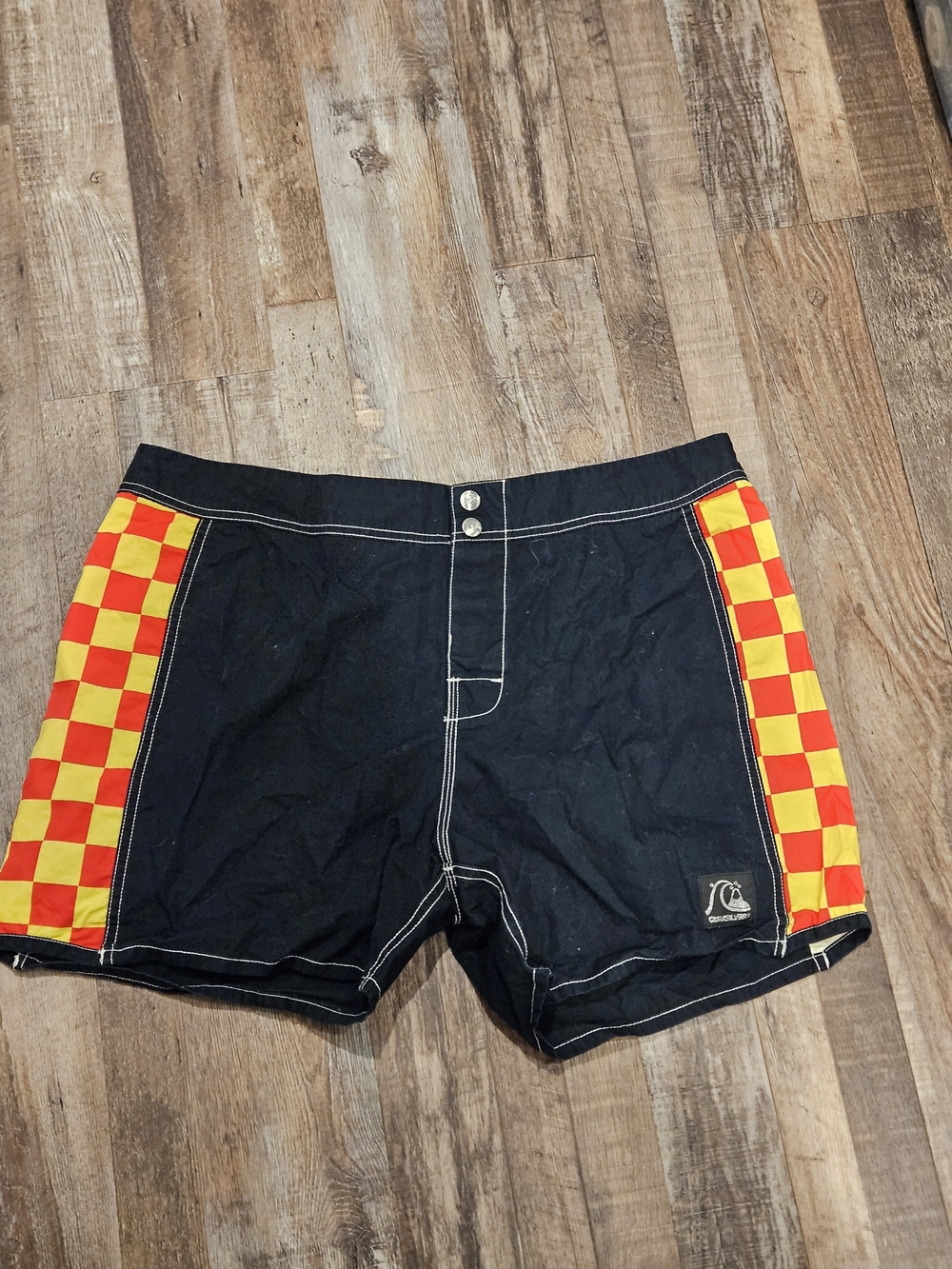 Quiksilver Black Swim Trunks with Red & Yellow Checker Panels